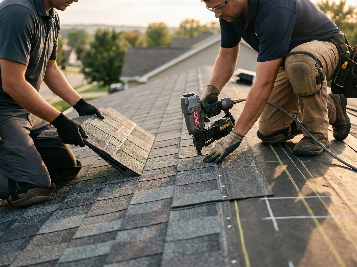Professional roofer working on a residential roof in Homewood